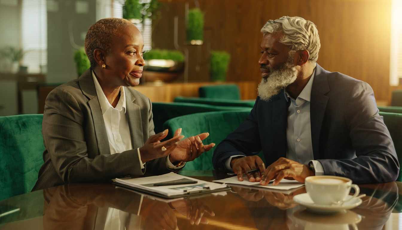 Senior professionals in engaged conversation with emerald green decor