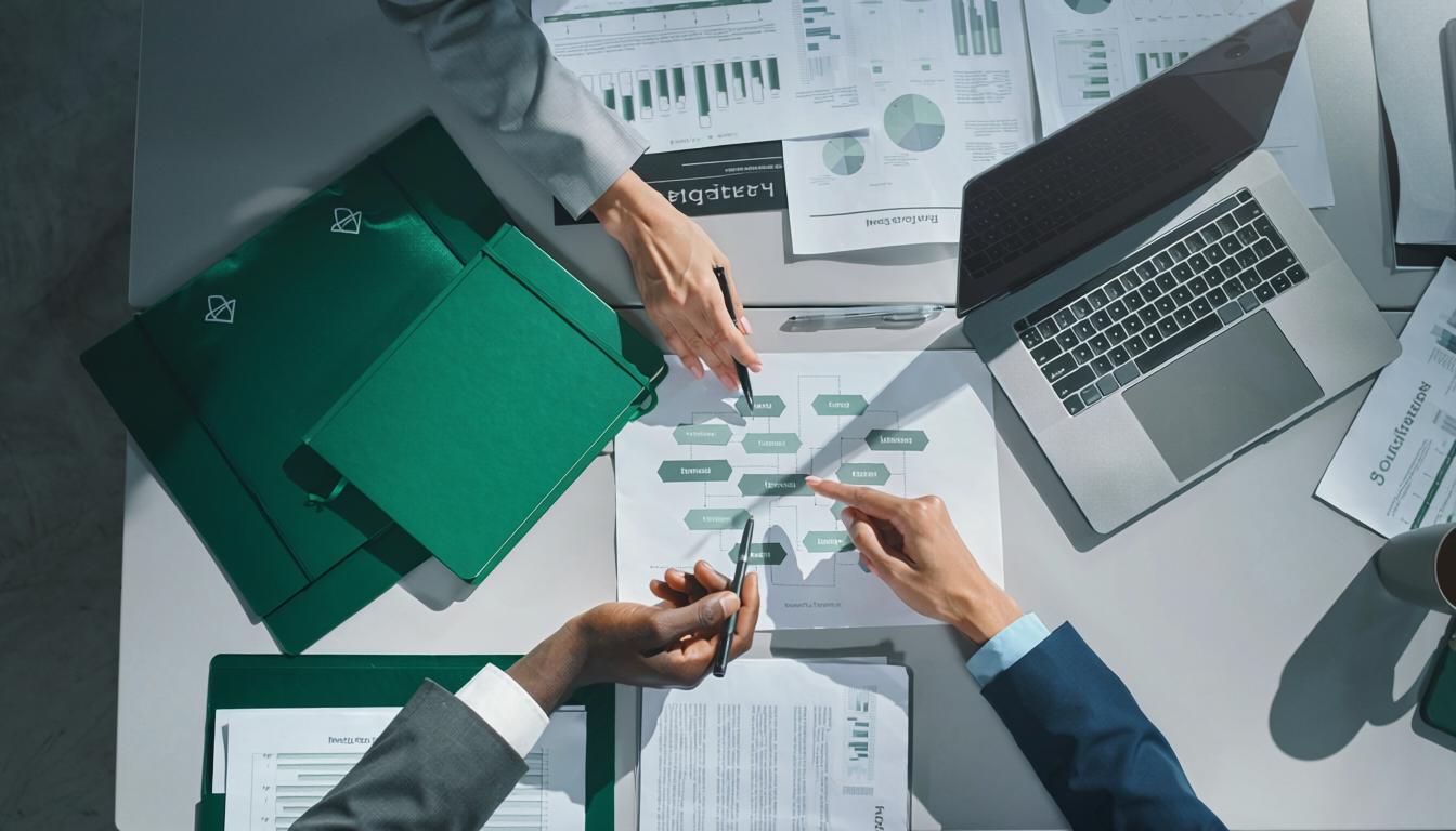 Strategic planning session with emerald green branded materials