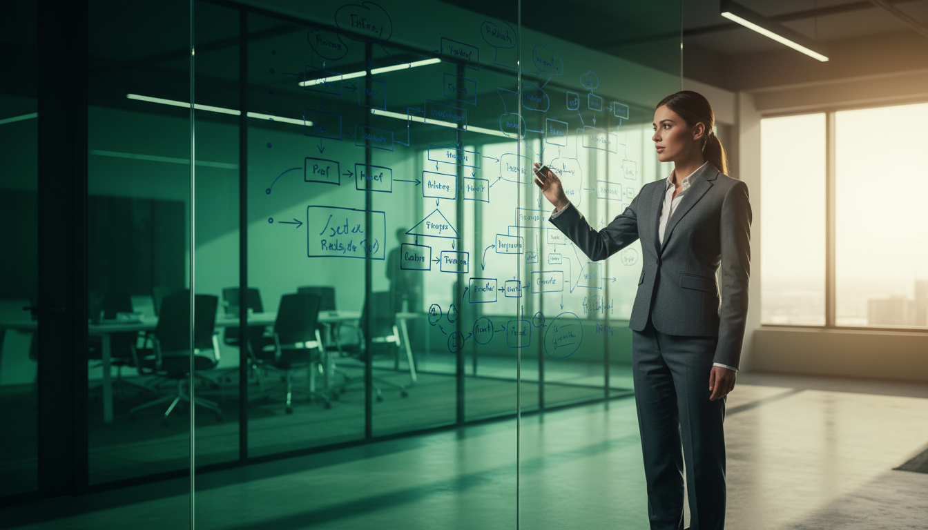 Business consultant mapping strategy on glass whiteboard