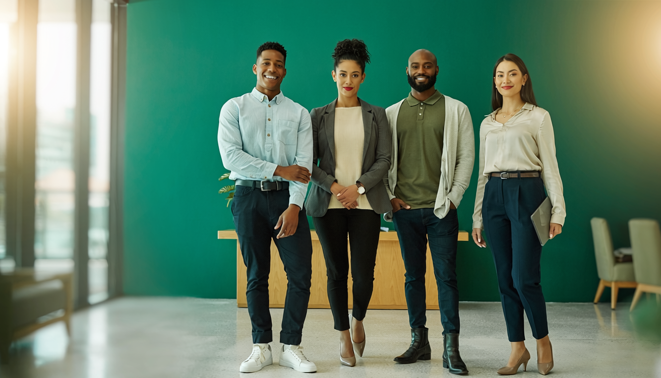 Diverse professional team in modern office with emerald green accent wall