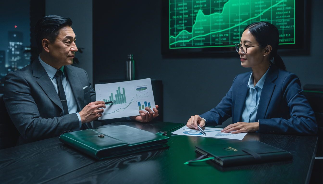 Consultants reviewing green growth charts in dark boardroom