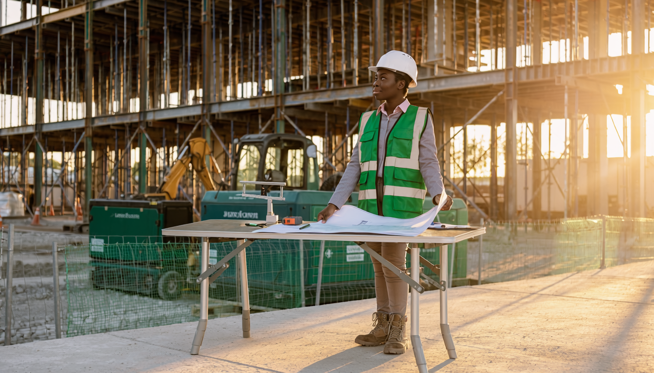 Project manager in green safety vest reviewing blueprints at golden hour