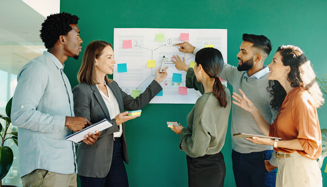 Team collaborating on customer journey map against green wall