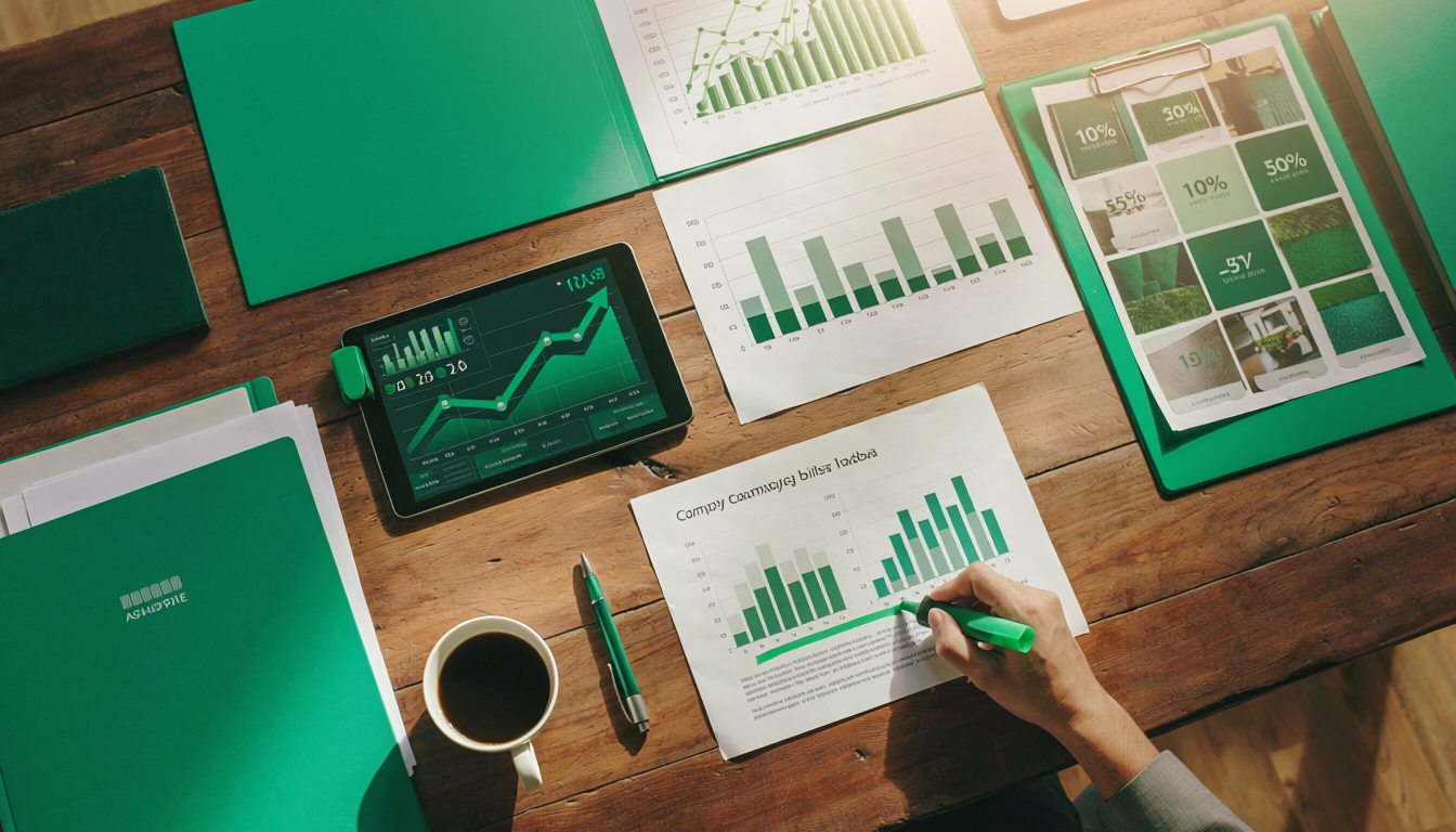 Marketing brainstorm with emerald green sticky notes and data charts