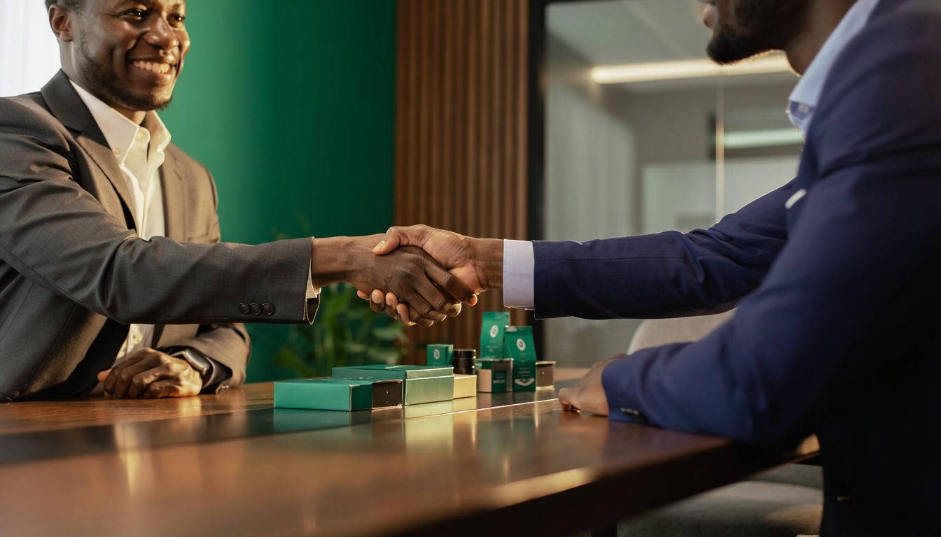 Business professionals shaking hands with emerald green branded products